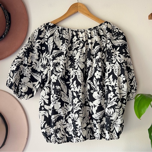 LUCKY BRAND Cotton Gathered Poplin Top Black Cream Women’s SIZE XL boho tropical - Picture 6 of 11